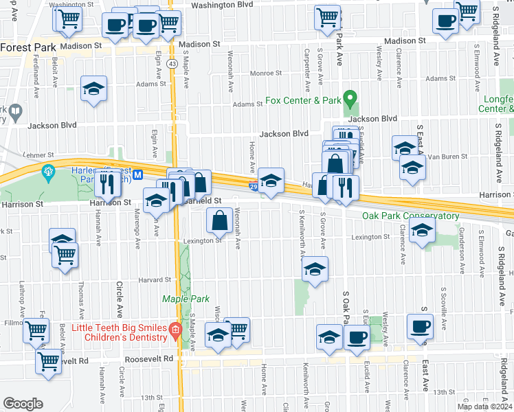 map of restaurants, bars, coffee shops, grocery stores, and more near 980 Garfield Street in Oak Park