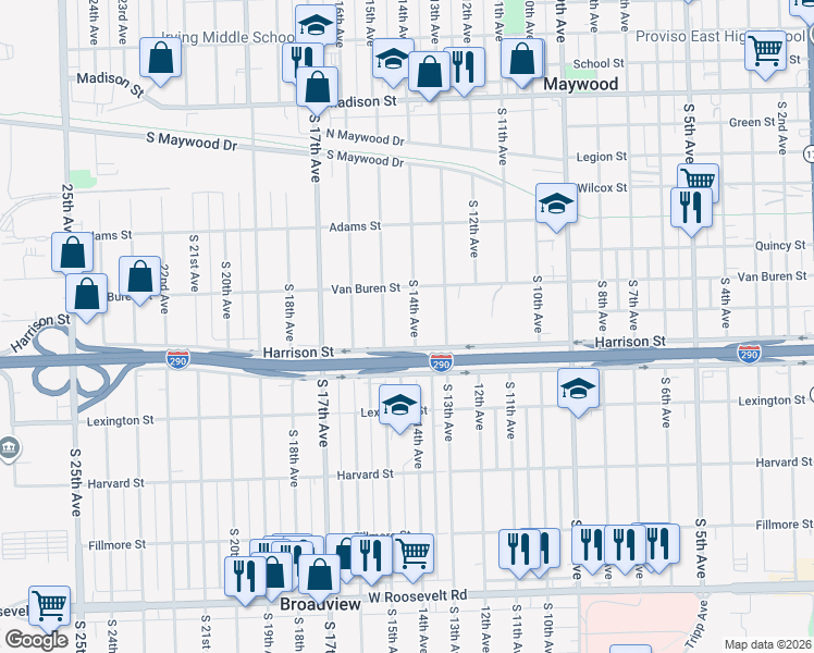 map of restaurants, bars, coffee shops, grocery stores, and more near 1619 South 15th Avenue in Maywood