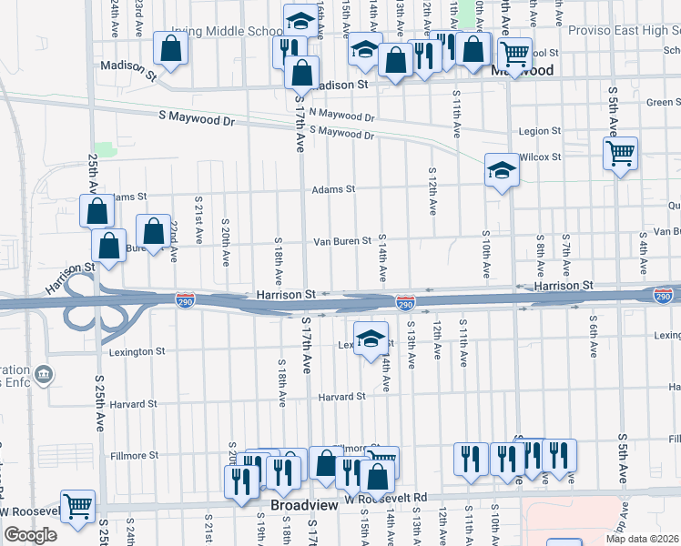 map of restaurants, bars, coffee shops, grocery stores, and more near 1617 South 16th Avenue in Maywood