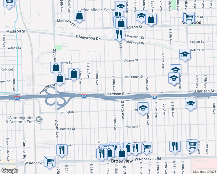 map of restaurants, bars, coffee shops, grocery stores, and more near 1612 South 18th Avenue in Maywood