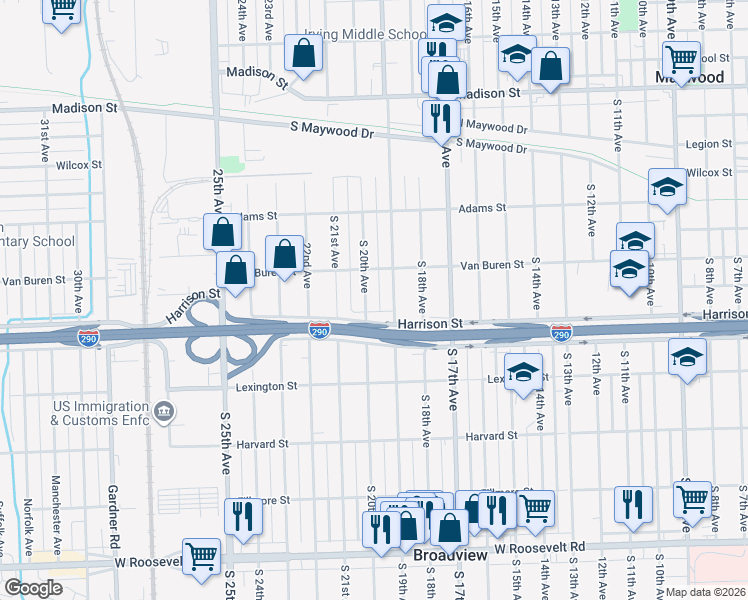 map of restaurants, bars, coffee shops, grocery stores, and more near 1615 South 20th Avenue in Maywood