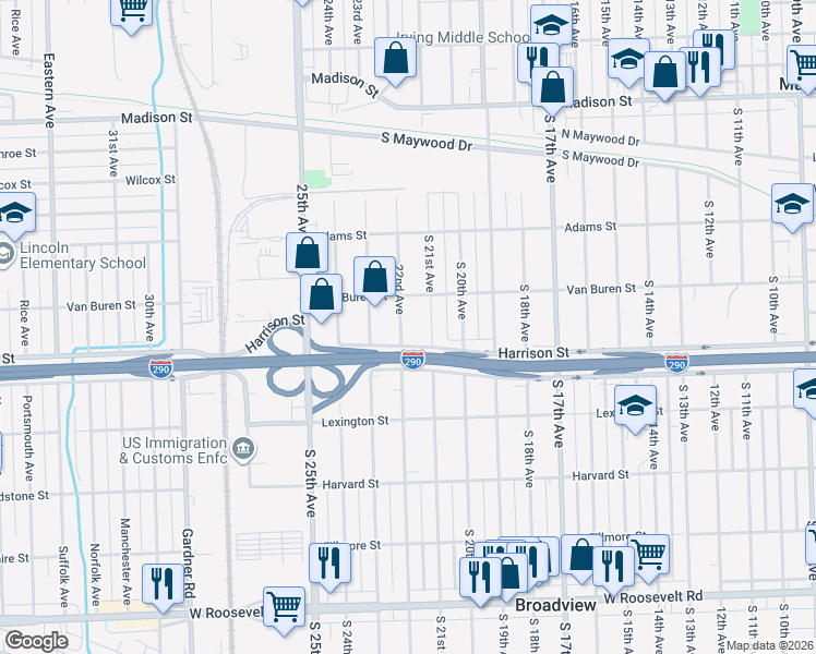 map of restaurants, bars, coffee shops, grocery stores, and more near 1111 22nd Avenue in Bellwood