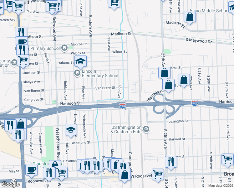 map of restaurants, bars, coffee shops, grocery stores, and more near 1101 31st Avenue in Bellwood