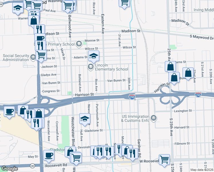 map of restaurants, bars, coffee shops, grocery stores, and more near 1101 Eastern Avenue in Bellwood