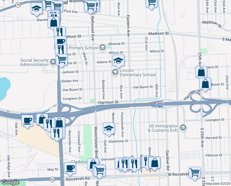 map of restaurants, bars, coffee shops, grocery stores, and more near 1100 Rice Avenue in Bellwood