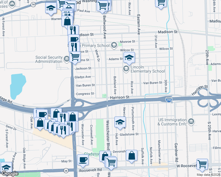 map of restaurants, bars, coffee shops, grocery stores, and more near 3619 Van Buren Street in Bellwood
