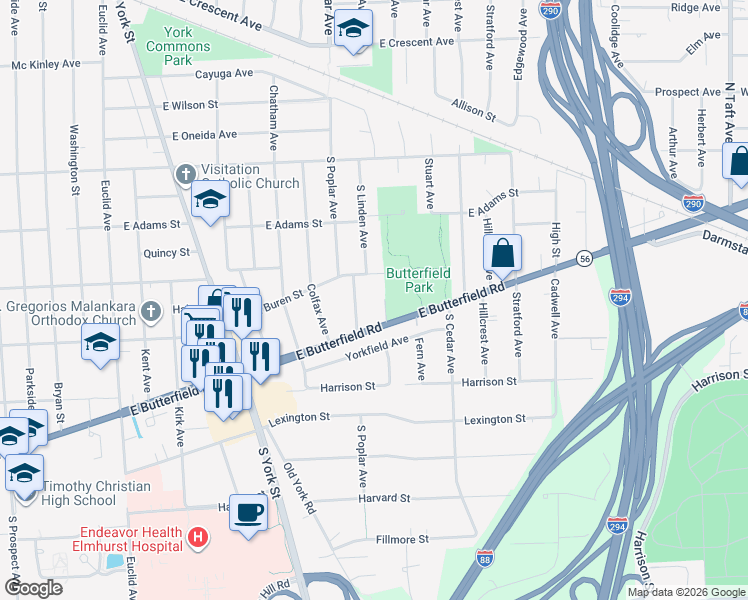 map of restaurants, bars, coffee shops, grocery stores, and more near 344 East Van Buren Street in Elmhurst