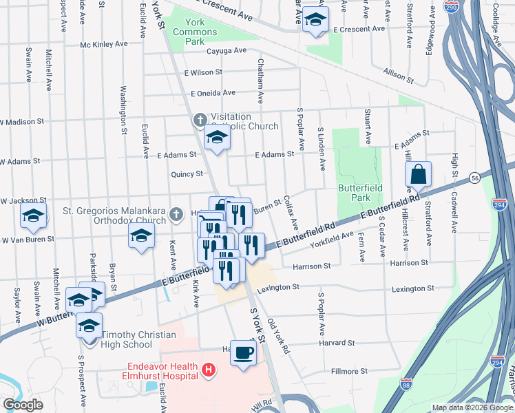 map of restaurants, bars, coffee shops, grocery stores, and more near 875 Cambridge Avenue in Elmhurst