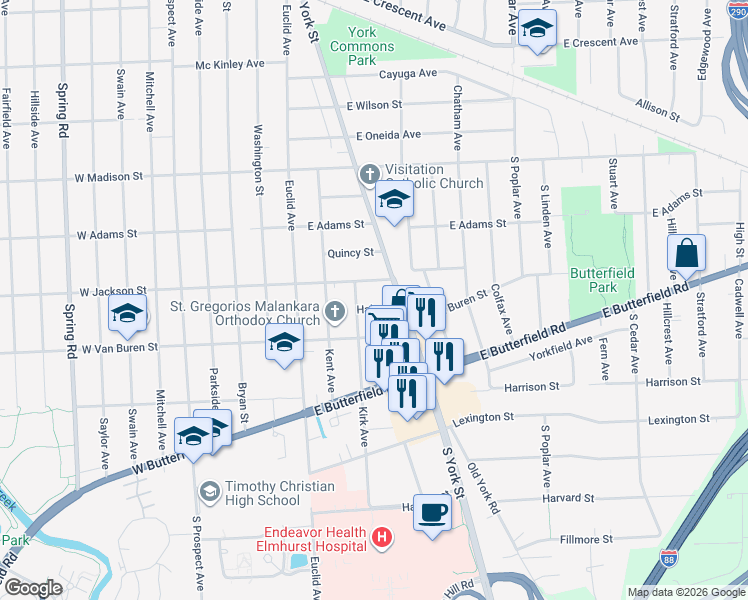 map of restaurants, bars, coffee shops, grocery stores, and more near 174 East Jackson Street in Elmhurst