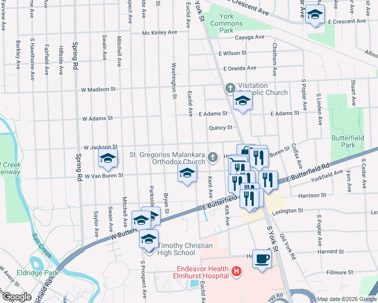 map of restaurants, bars, coffee shops, grocery stores, and more near 867 Washington Street in Elmhurst