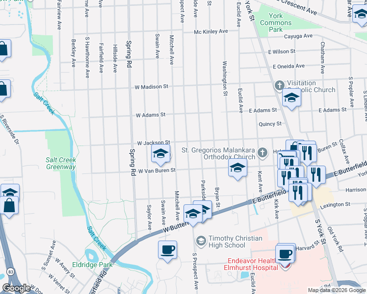 map of restaurants, bars, coffee shops, grocery stores, and more near 201 West Jackson Street in Elmhurst