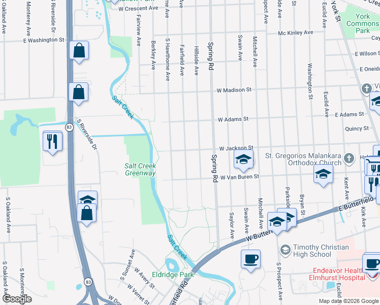 map of restaurants, bars, coffee shops, grocery stores, and more near 874 Hillside Avenue in Elmhurst
