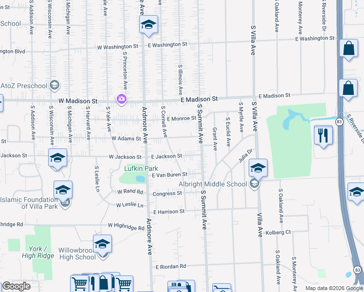 map of restaurants, bars, coffee shops, grocery stores, and more near 125 East Adams Street in Villa Park