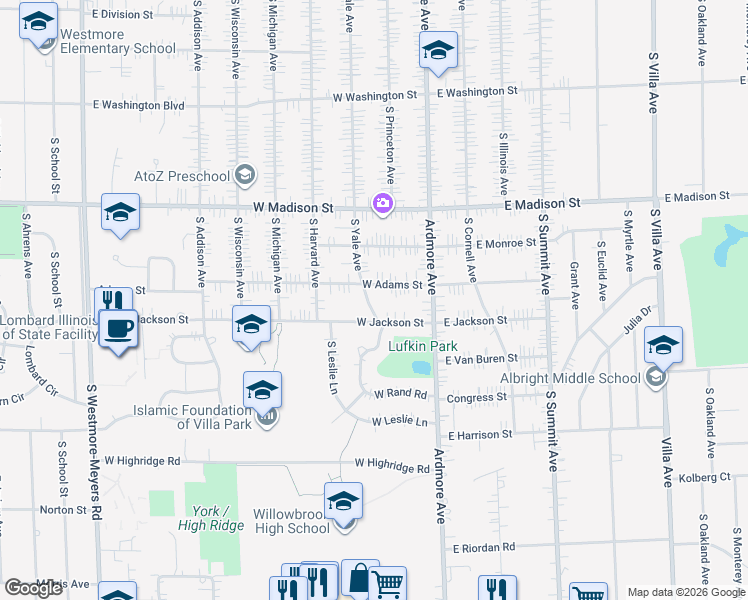 map of restaurants, bars, coffee shops, grocery stores, and more near 51 West Adams Street in Villa Park