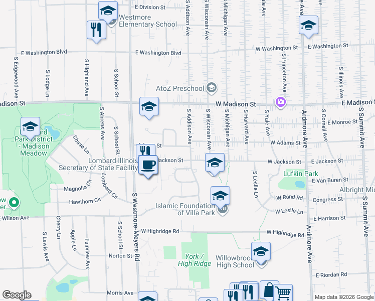 map of restaurants, bars, coffee shops, grocery stores, and more near 1148 Adams Street in Lombard