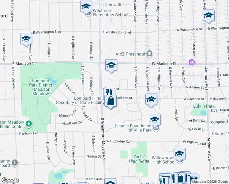 map of restaurants, bars, coffee shops, grocery stores, and more near 1038 Adams Street in Lombard