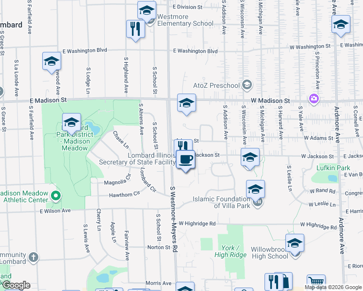 map of restaurants, bars, coffee shops, grocery stores, and more near 711 South Westmore-Meyers Road in Lombard