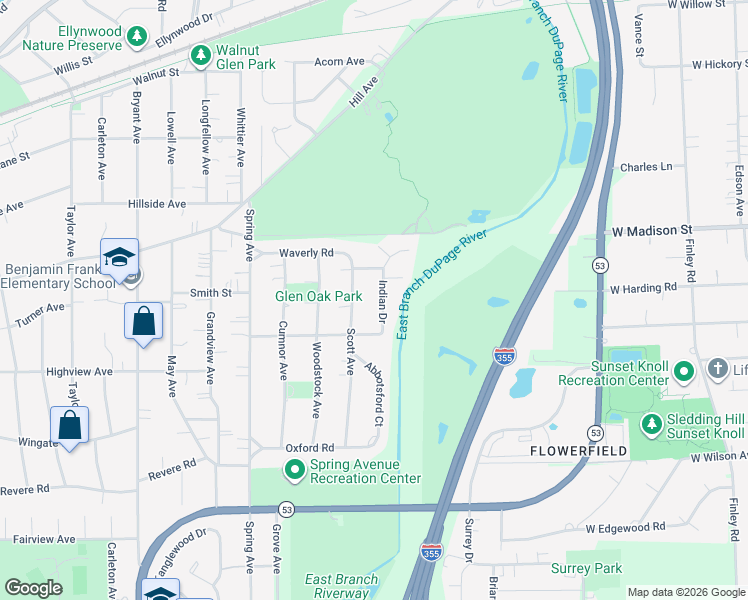 map of restaurants, bars, coffee shops, grocery stores, and more near 354 Indian Drive in Glen Ellyn