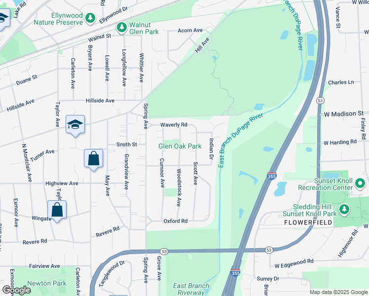 map of restaurants, bars, coffee shops, grocery stores, and more near 354 Scott Avenue in Glen Ellyn