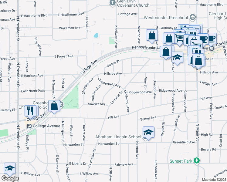 map of restaurants, bars, coffee shops, grocery stores, and more near 366 Windsor Avenue in Glen Ellyn