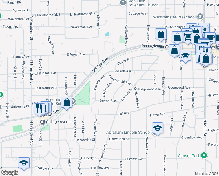 map of restaurants, bars, coffee shops, grocery stores, and more near 587 Wilshire Avenue in Glen Ellyn