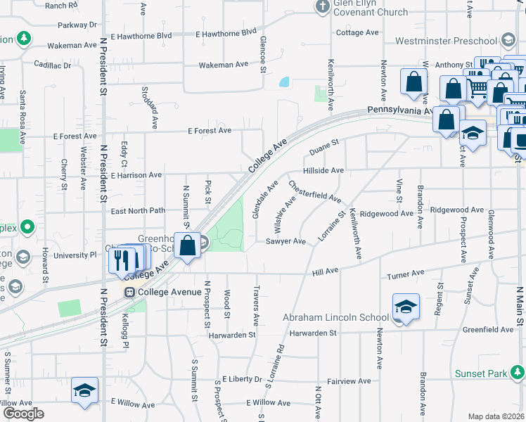 map of restaurants, bars, coffee shops, grocery stores, and more near 564 Glendale Avenue in Glen Ellyn