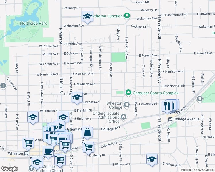 map of restaurants, bars, coffee shops, grocery stores, and more near 429 East Madison Avenue in Wheaton