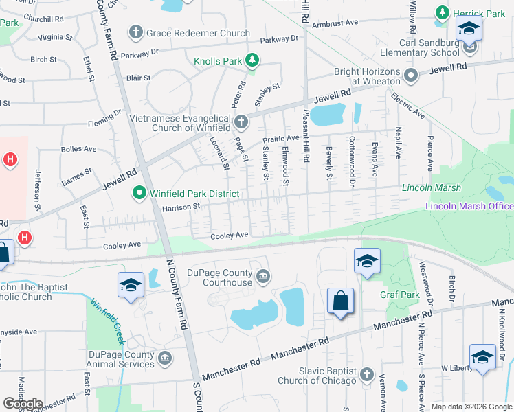 map of restaurants, bars, coffee shops, grocery stores, and more near 0N010 Stanley Street in Winfield