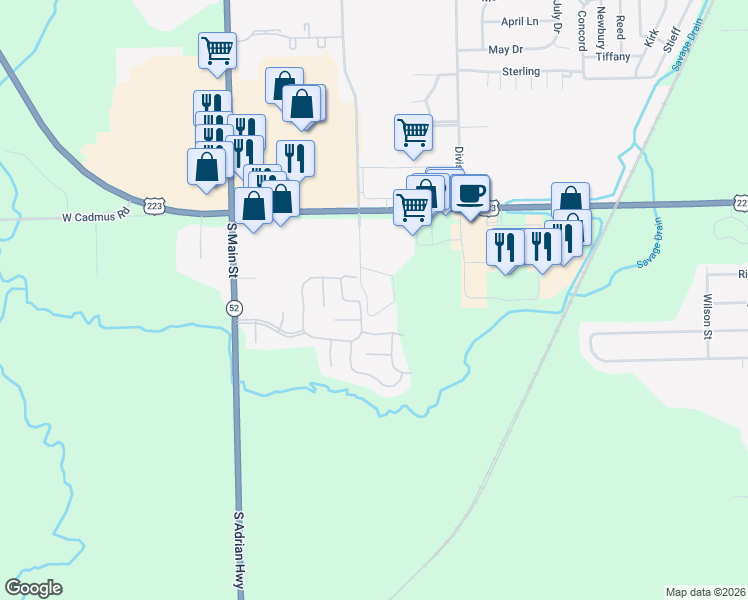 map of restaurants, bars, coffee shops, grocery stores, and more near 3100 South Winter Street in Adrian