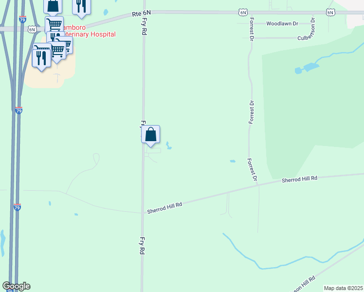 map of restaurants, bars, coffee shops, grocery stores, and more near 12551 Fry Road in Edinboro