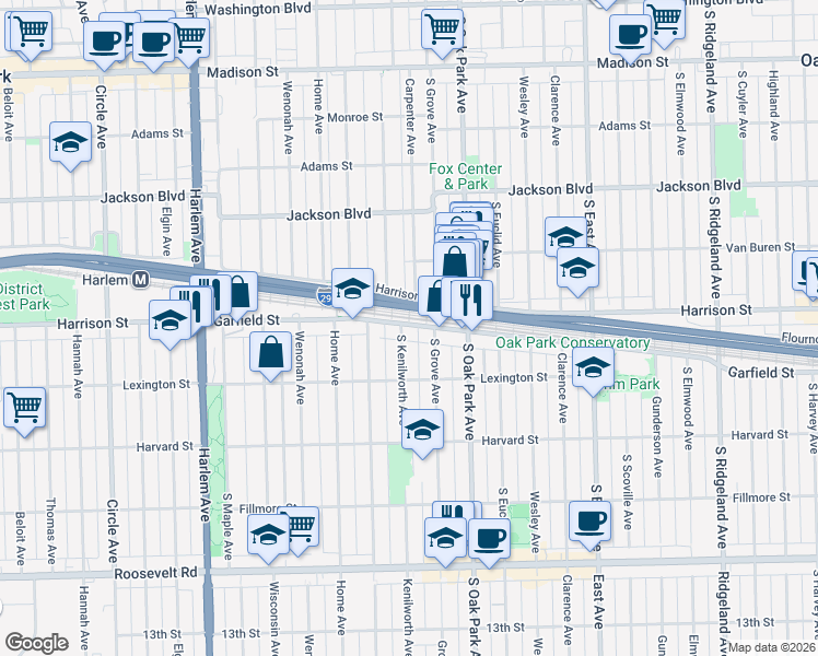 map of restaurants, bars, coffee shops, grocery stores, and more near 902 South Kenilworth Avenue in Oak Park