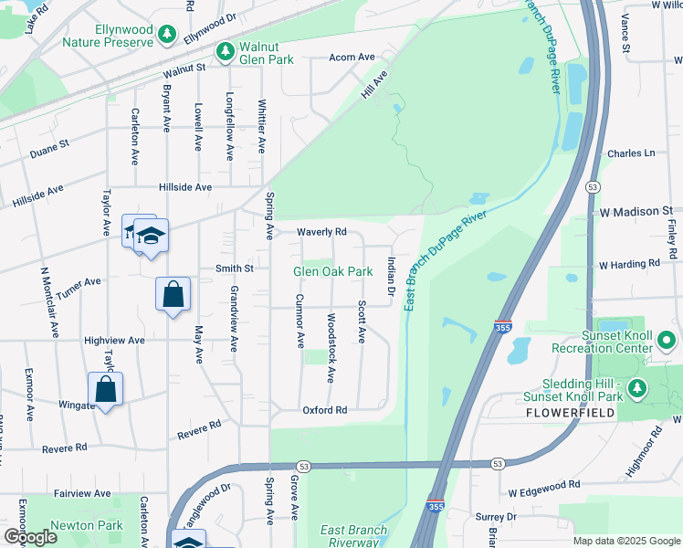 map of restaurants, bars, coffee shops, grocery stores, and more near 354 Scott Avenue in Glen Ellyn