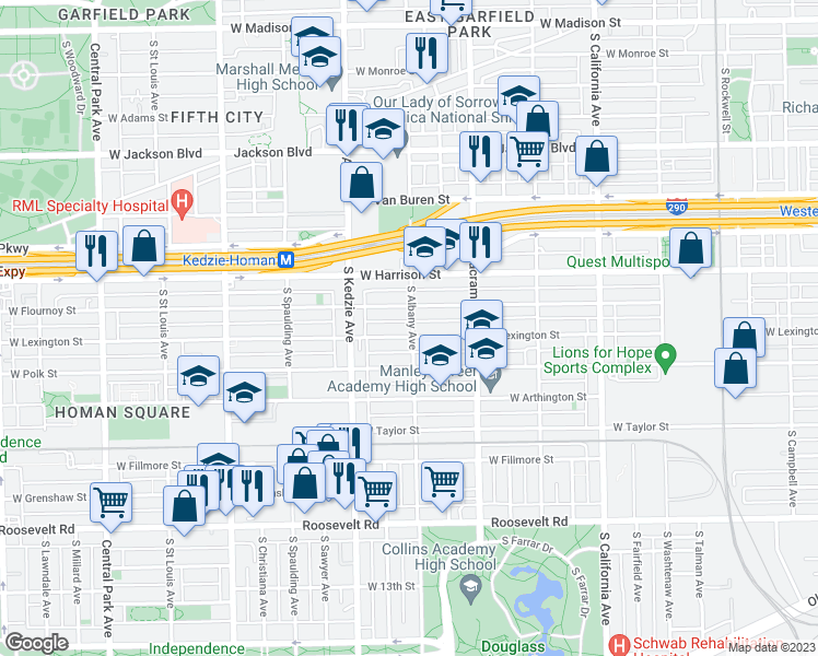 map of restaurants, bars, coffee shops, grocery stores, and more near 718 South Albany Avenue in Chicago