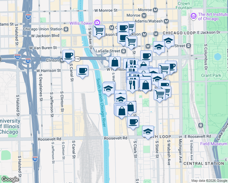 map of restaurants, bars, coffee shops, grocery stores, and more near W Polk St & S Wells St in Chicago