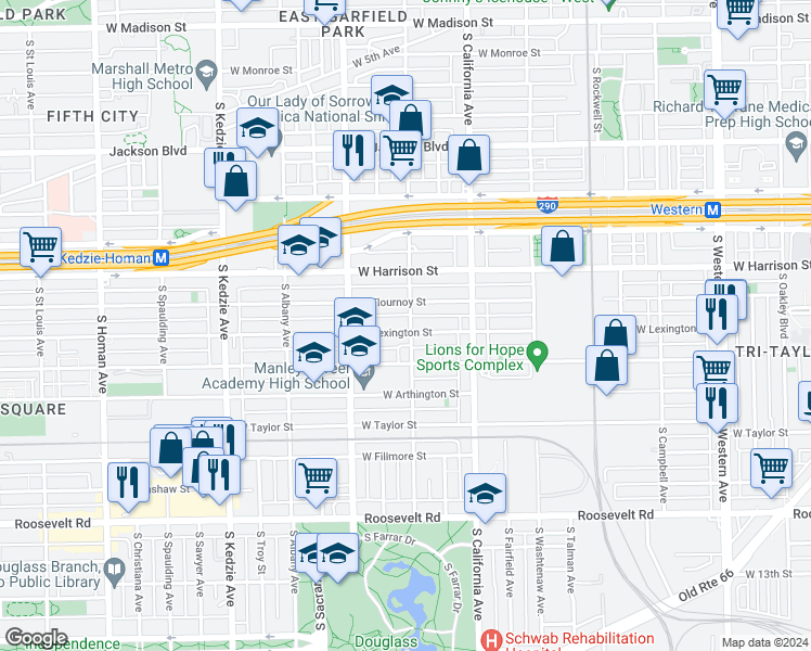 map of restaurants, bars, coffee shops, grocery stores, and more near 2900 West Lexington Street in Chicago