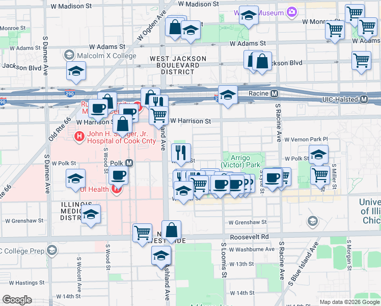 map of restaurants, bars, coffee shops, grocery stores, and more near 708 South Laflin Street in Chicago