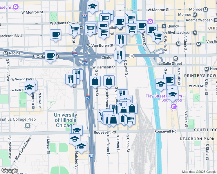 map of restaurants, bars, coffee shops, grocery stores, and more near 727 South Jefferson Street in Chicago