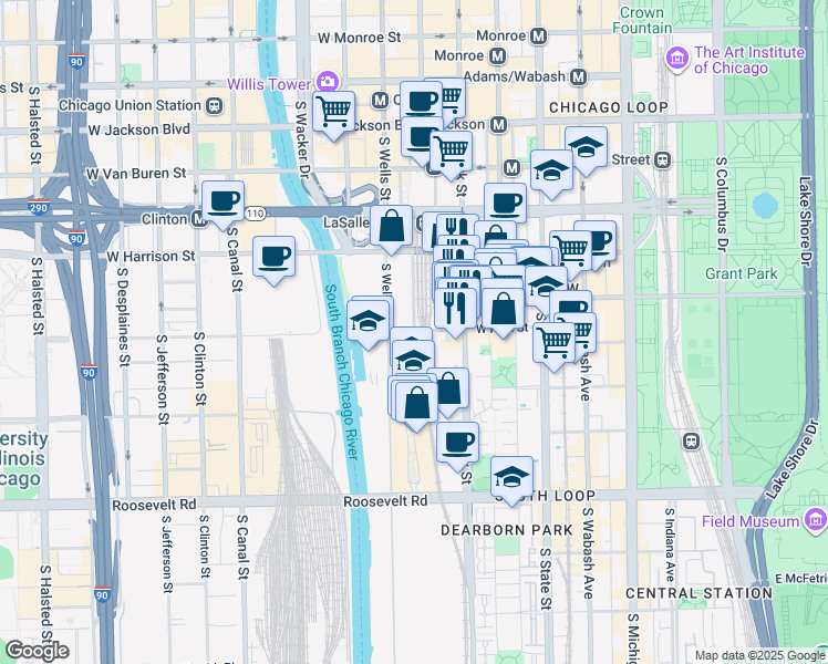 map of restaurants, bars, coffee shops, grocery stores, and more near W Polk St & S Financial Pl in Chicago