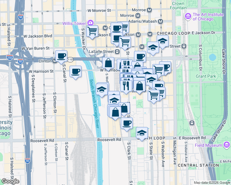 map of restaurants, bars, coffee shops, grocery stores, and more near 142 West Polk Street in Chicago