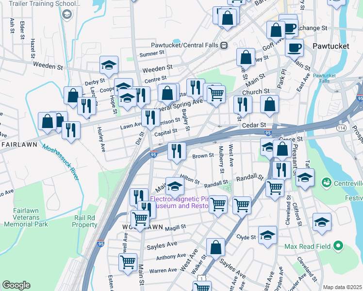 map of restaurants, bars, coffee shops, grocery stores, and more near Interstate 95 in Pawtucket