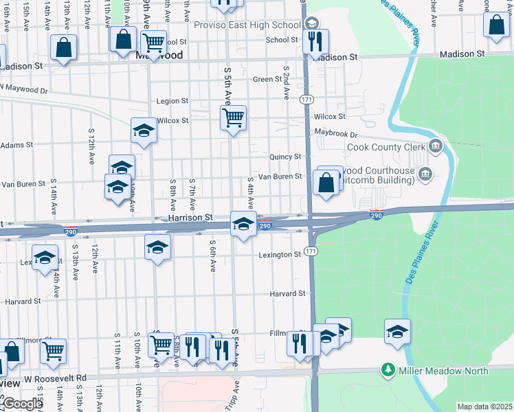 map of restaurants, bars, coffee shops, grocery stores, and more near 17041 South 4th Avenue in Maywood