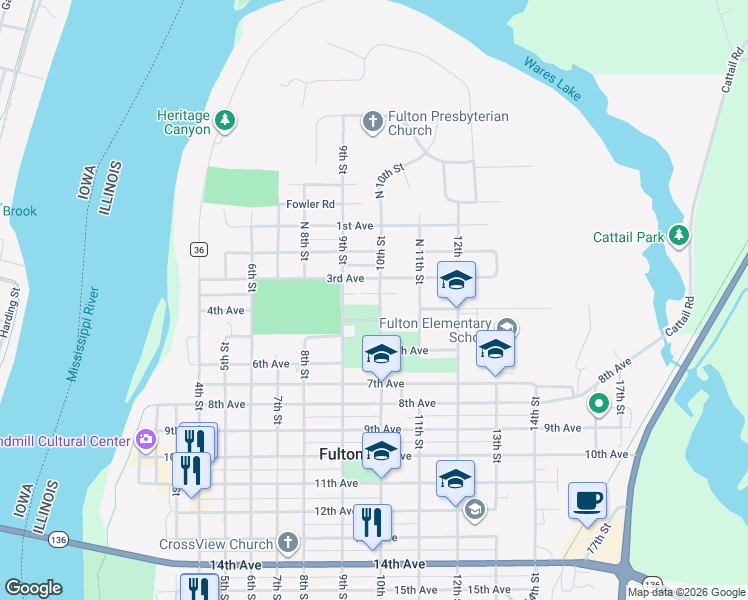 map of restaurants, bars, coffee shops, grocery stores, and more near 301 10th Street in Fulton