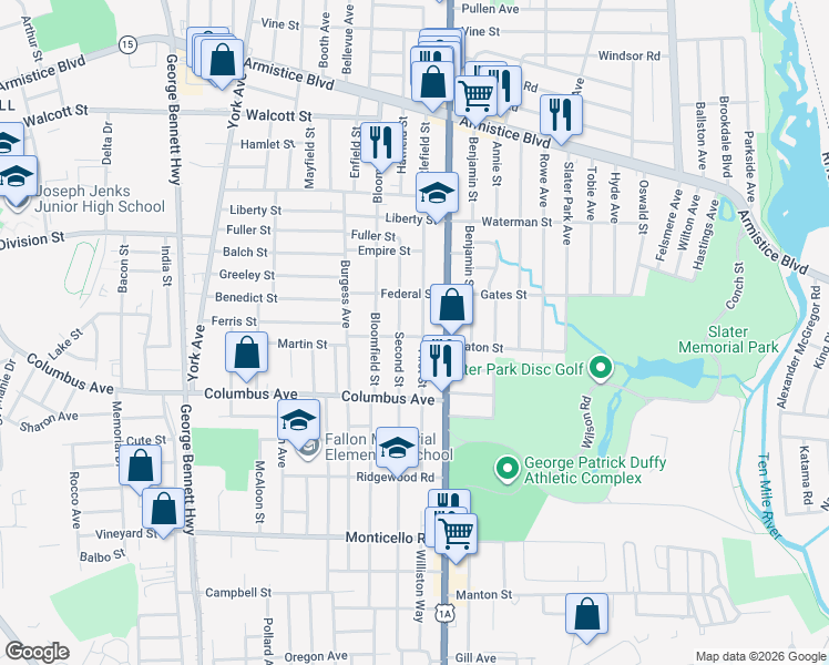 map of restaurants, bars, coffee shops, grocery stores, and more near 120 First Street in Pawtucket