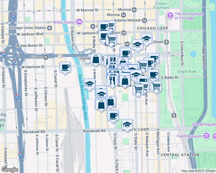 map of restaurants, bars, coffee shops, grocery stores, and more near 124 West Polk Street in Chicago