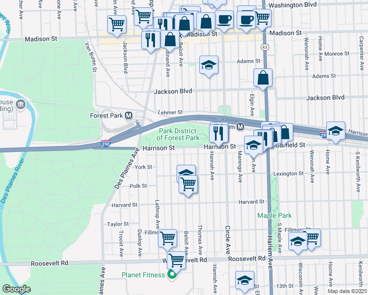 map of restaurants, bars, coffee shops, grocery stores, and more near Beloit Avenue in Forest Park