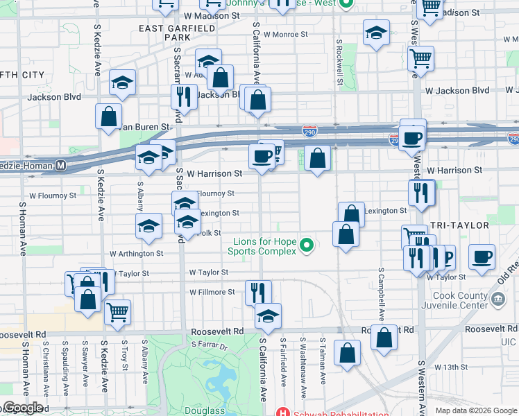 map of restaurants, bars, coffee shops, grocery stores, and more near 711 South California Avenue in Chicago
