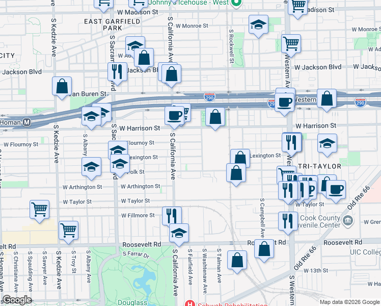 map of restaurants, bars, coffee shops, grocery stores, and more near 2724 West Lexington Street in Chicago