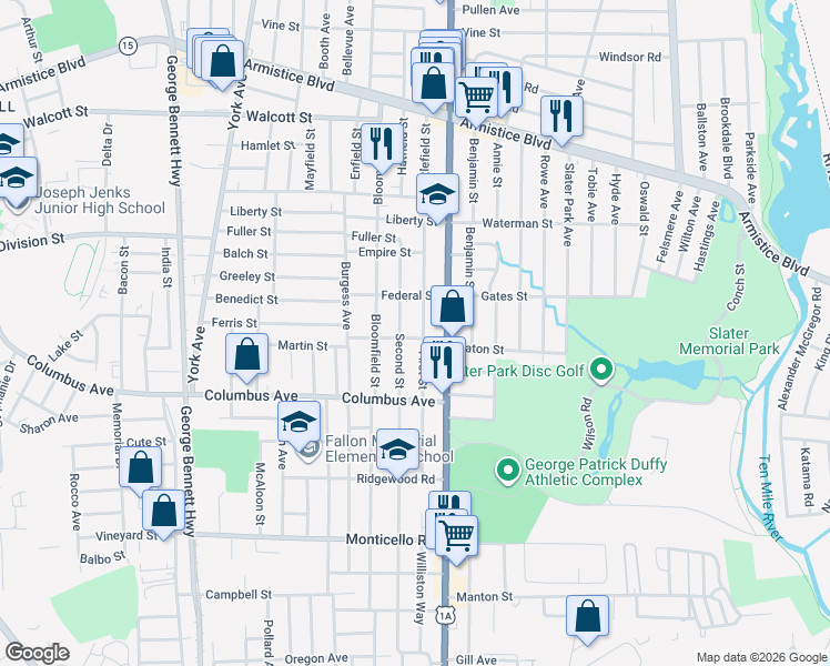 map of restaurants, bars, coffee shops, grocery stores, and more near 120 First Street in Pawtucket