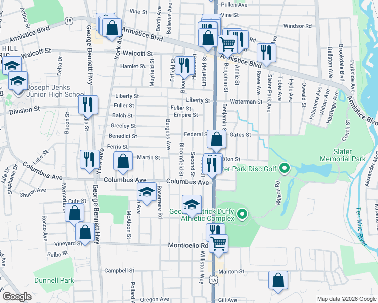 map of restaurants, bars, coffee shops, grocery stores, and more near 95 2nd Street in Pawtucket