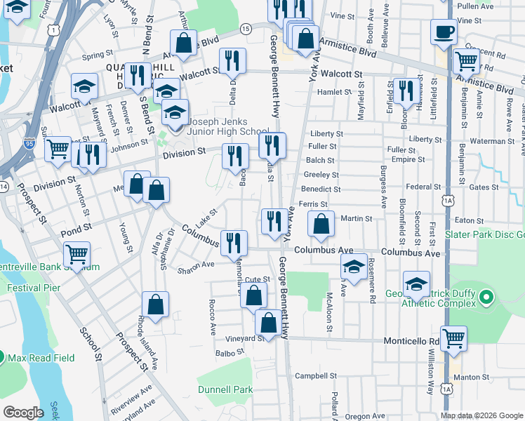 map of restaurants, bars, coffee shops, grocery stores, and more near 30 India Street in Pawtucket